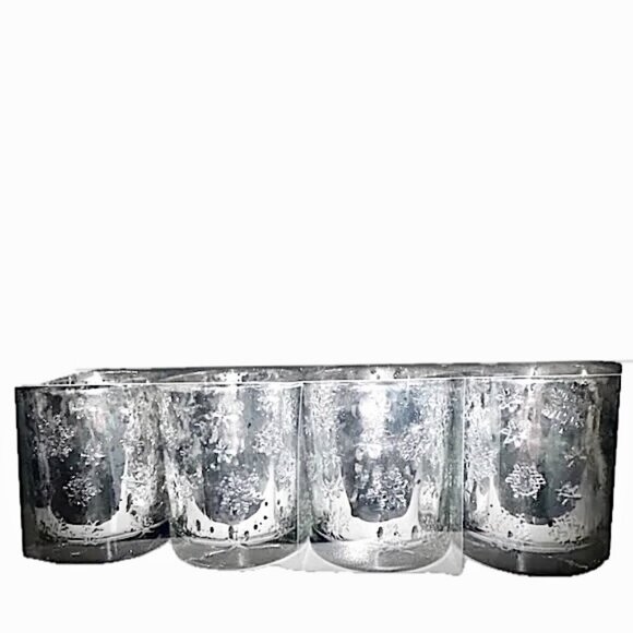Silver Mercury Glass Tumblers approx 8 oz Candle Holder Drinks Decor Snowflakes - Picture 1 of 7